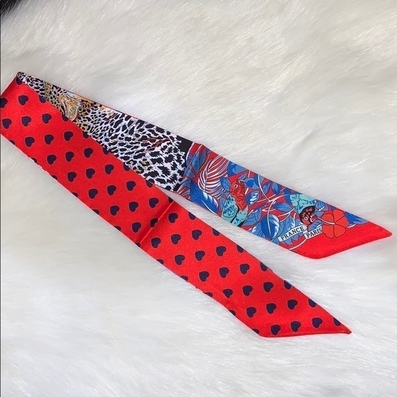 PARROT CHEETAH HEARTS SKINNY SCARF PARIS PRINT BAG HANDLE WRAP BANDEAU HAIR TIE - Picture 3 of 7